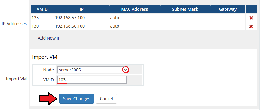 Proxmox Cloud 2.X For WHMCS: Import VM form with the Node dropdown, VMID field and the Save Changes button