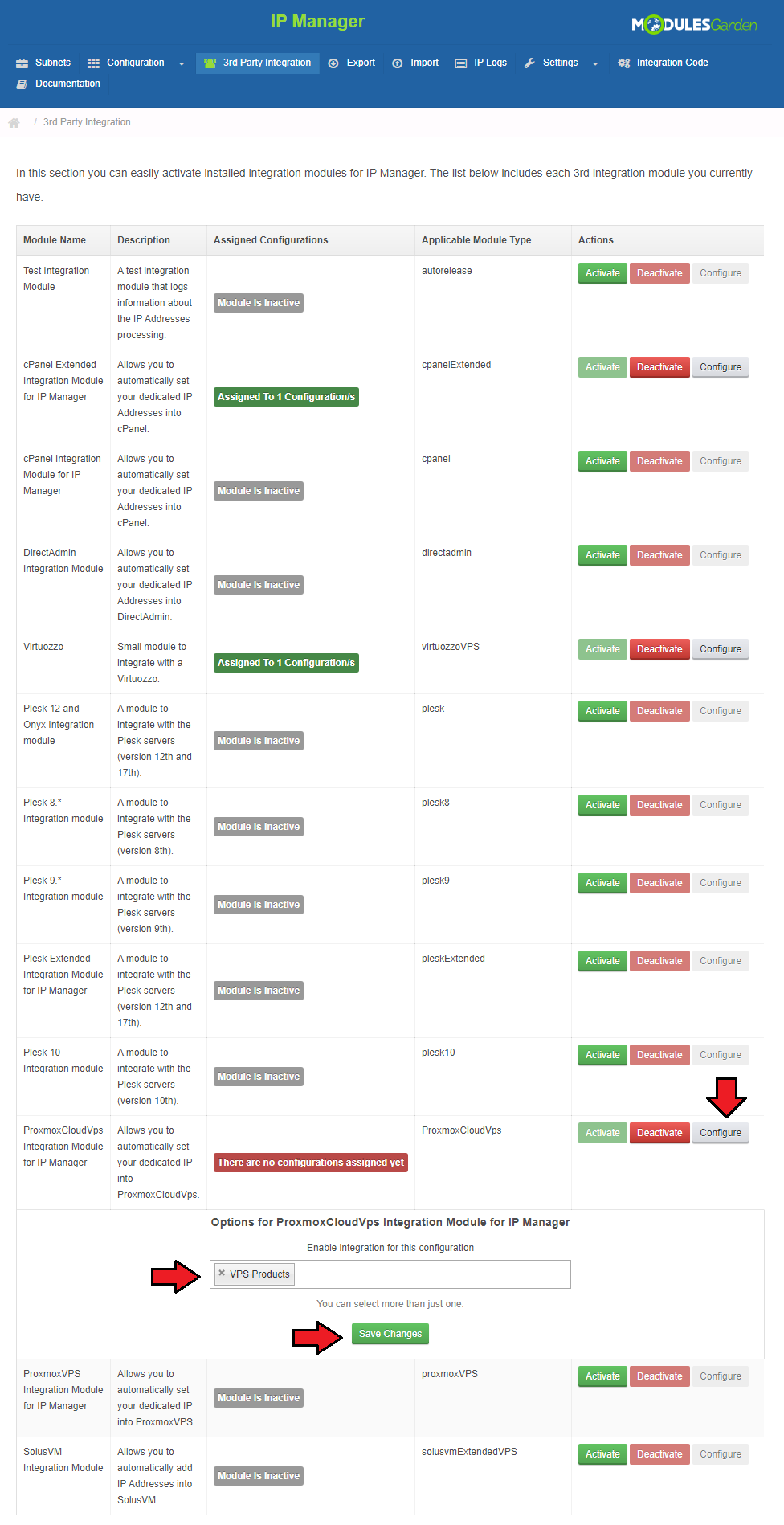 Proxmox Cloud 2.X For WHMCS: IP Manager 3rd Party Integration with Configure options for ProxmoxCloudVps and Save