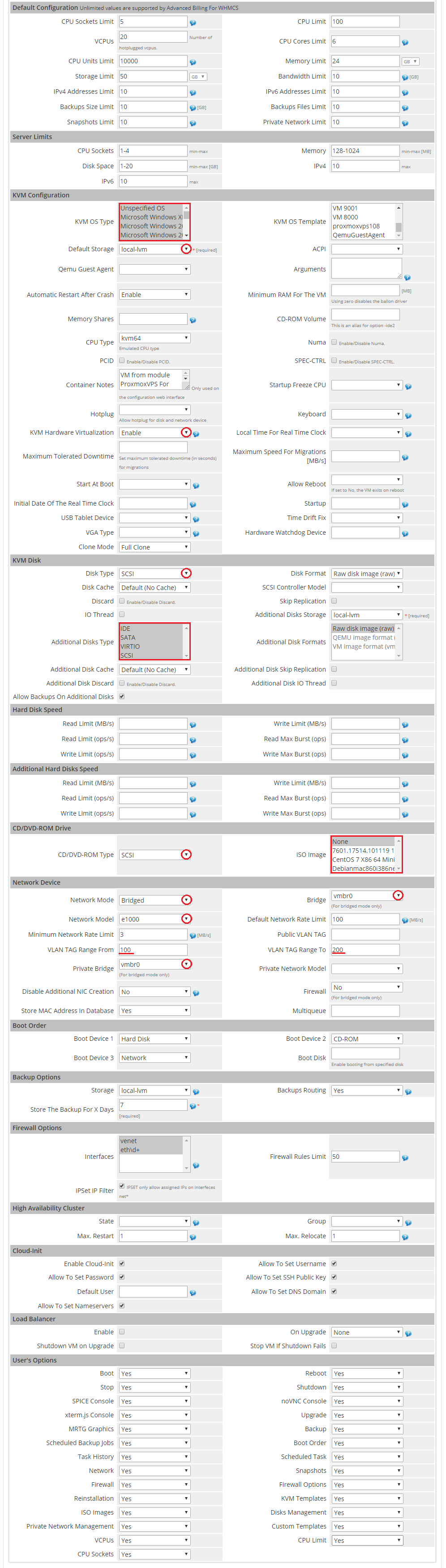 Proxmox Cloud 2.X For WHMCS: product Module Settings for KVM with limits, KVM configuration, disk and network options