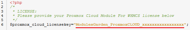 Proxmox Cloud 2.X For WHMCS: license.php file in a code editor with the license key entered between quotation marks
