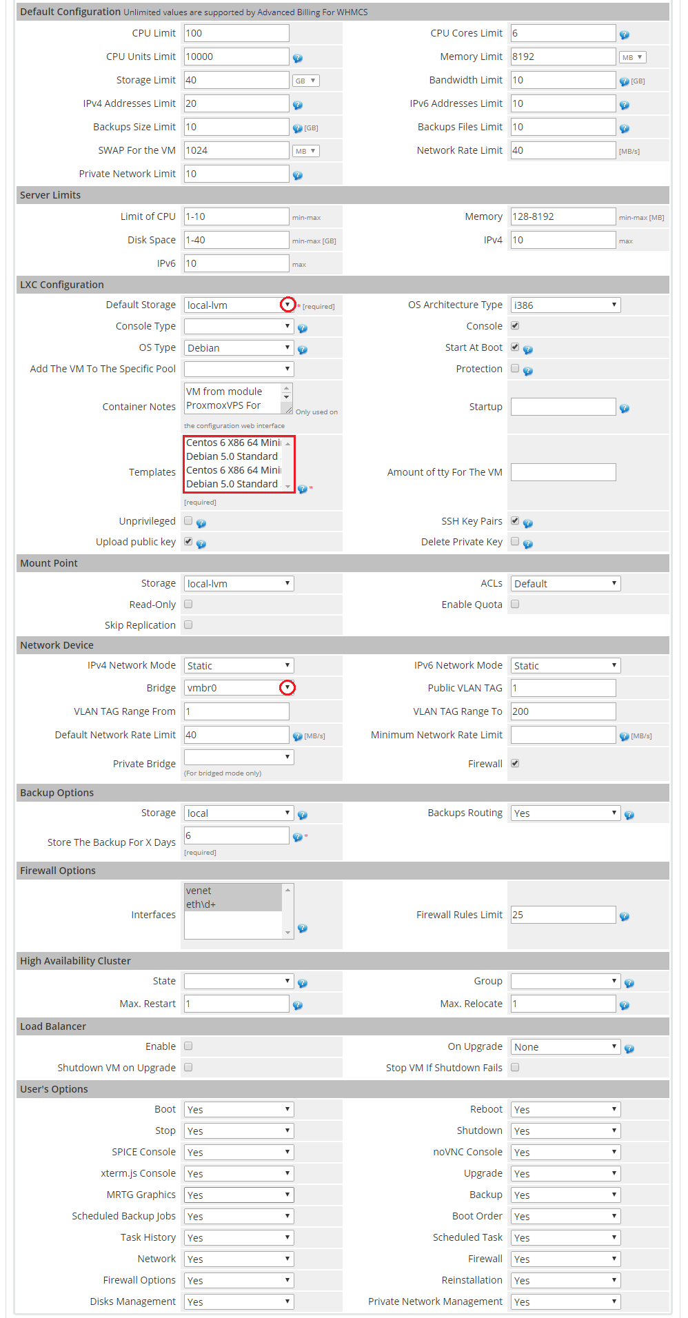 Proxmox Cloud 2.X For WHMCS: product Module Settings for LXC with limits, LXC templates and network options