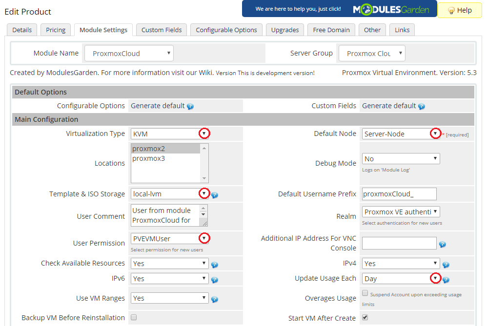 Proxmox Cloud 2.X For WHMCS: product Module Settings Main Configuration with virtualization type, node and storage