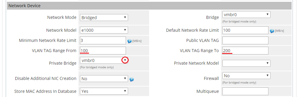 Proxmox Cloud 2.X For WHMCS: WHMCS admin Module Settings Network Device section with VLAN tag range and private bridge