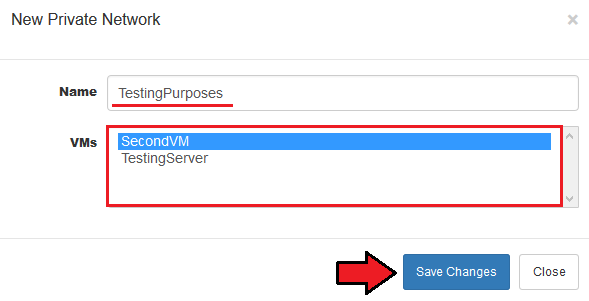 Proxmox Cloud 2.X For WHMCS: New Private Network dialog with name field, VMs list and Save Changes button