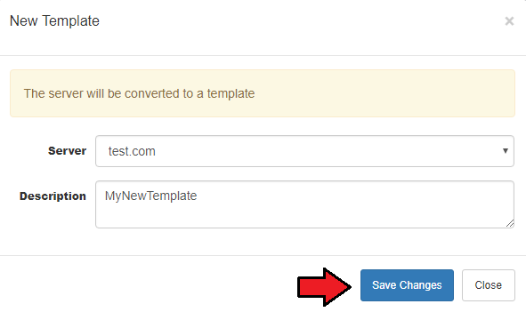 Proxmox Cloud 2.X For WHMCS: New Template dialog with server dropdown, description field and Save Changes button