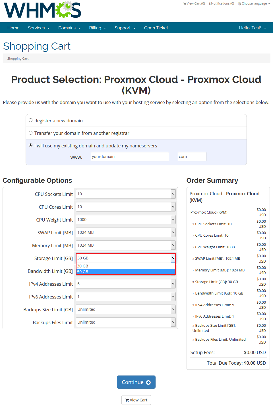 Proxmox Cloud 2.X For WHMCS: WHMCS order form with the default configurable options and the Storage Limit dropdown open