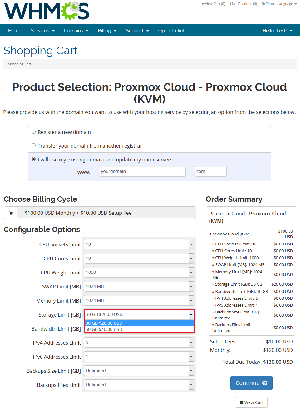 Proxmox Cloud 2.X For WHMCS: WHMCS order form with priced configurable options and the Storage Limit dropdown open