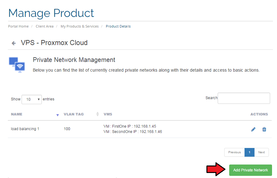 Proxmox Cloud 2.X For WHMCS: Client area Private Network Management page with the Add Private Network button highlighted