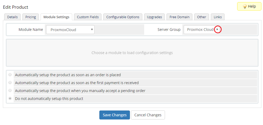 Proxmox Cloud 2.X For WHMCS: WHMCS Edit Product Module Settings tab with the Proxmox Cloud server group selected