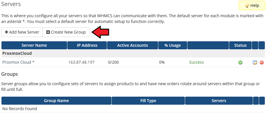 Proxmox Cloud 2.X For WHMCS: WHMCS admin Servers page after a successful connection test with the Create New Group