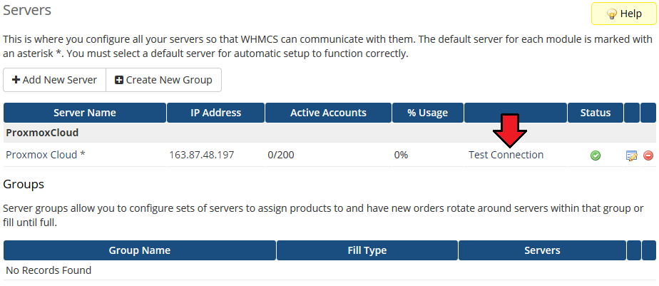 Proxmox Cloud 2.X For WHMCS: WHMCS admin Servers list with the Proxmox Cloud server and the Test Connection link