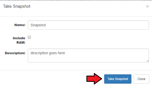 Proxmox Cloud 2.X For WHMCS: Take Snapshot dialog with name, include RAM checkbox and description fields