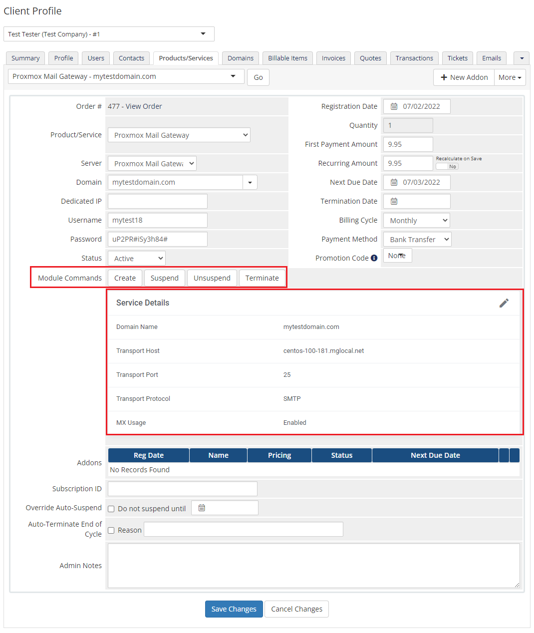 Proxmox Mail Gateway For WHMCS: WHMCS admin client service page with module command buttons and the Service Details