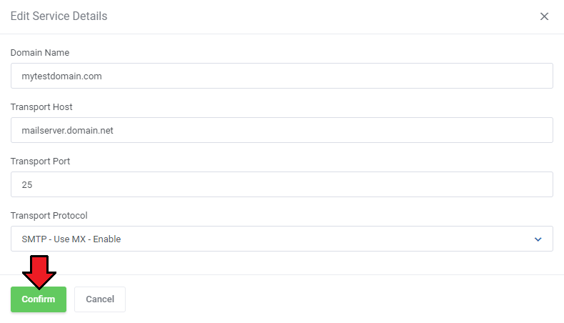 Proxmox Mail Gateway For WHMCS: client area Edit Service Details window with host, port, protocol fields and Confirm