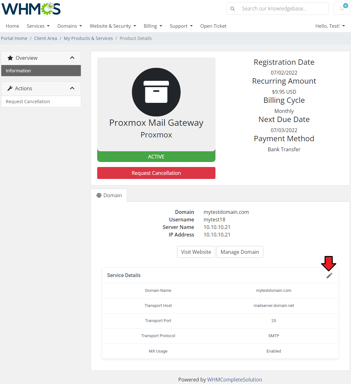 Proxmox Mail Gateway For WHMCS: WHMCS client area product details page with the edit icon of Service Details marked