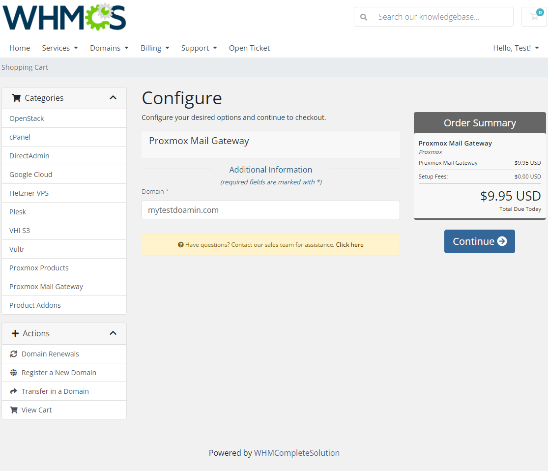 Proxmox Mail Gateway For WHMCS: WHMCS client area order configuration page with the required Domain field