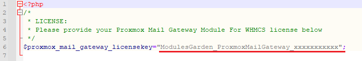 Proxmox Mail Gateway For WHMCS: license.php file open in an editor with the license key entered between quotation marks
