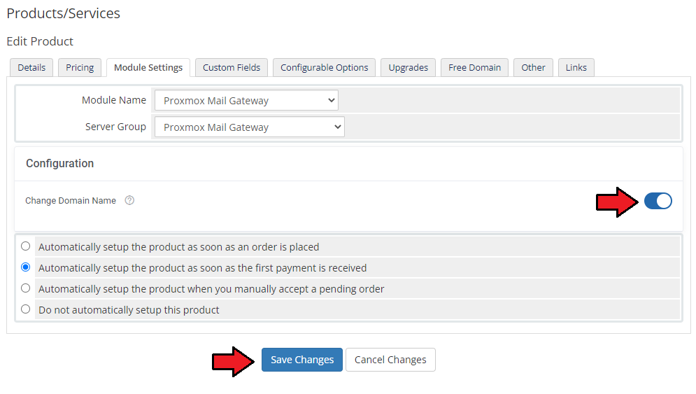 Proxmox Mail Gateway For WHMCS: WHMCS admin Edit Product, Module Settings tab with the Change Domain Name switch enabled