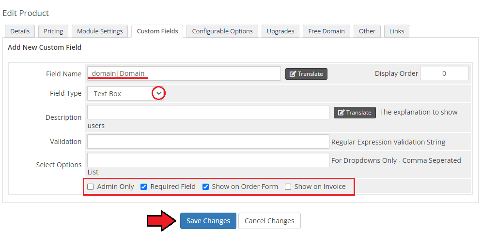 Proxmox Mail Gateway For WHMCS: WHMCS admin Edit Product, Custom Fields tab with a required domain field