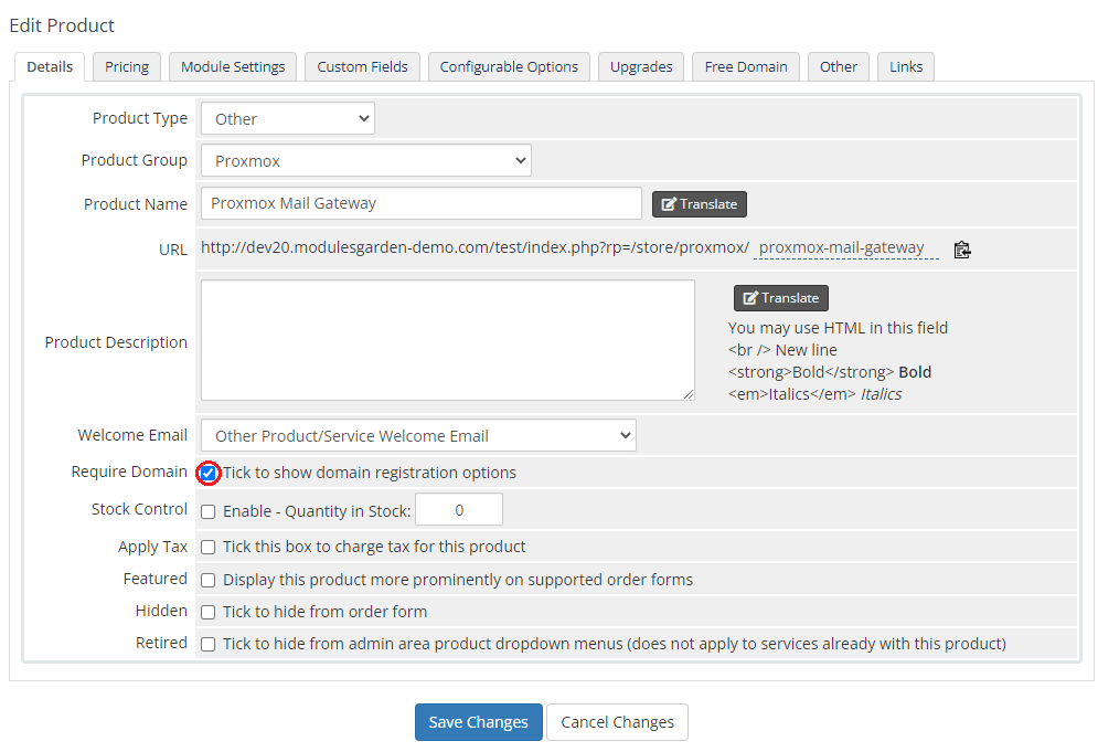 Proxmox Mail Gateway For WHMCS: WHMCS admin Edit Product, Details tab with the Require Domain checkbox ticked