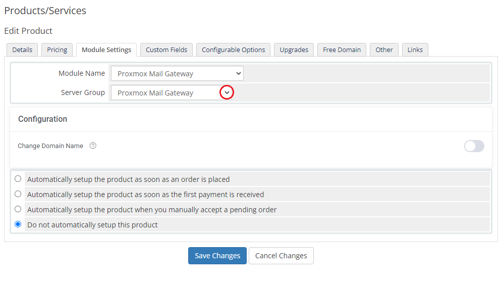 Proxmox Mail Gateway For WHMCS: WHMCS admin Edit Product, Module Settings tab with the server group dropdown marked