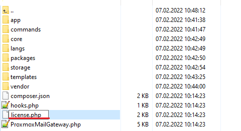 Proxmox Mail Gateway For WHMCS: module directory listing with the license.php file renamed from licenseRENAME.php