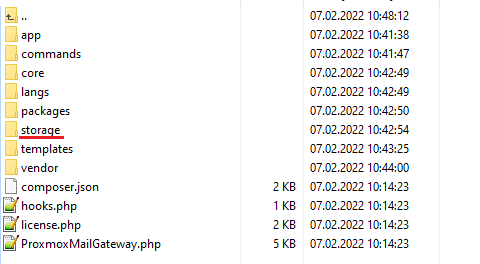 Proxmox Mail Gateway For WHMCS: module directory listing with the storage folder underlined to set as writable