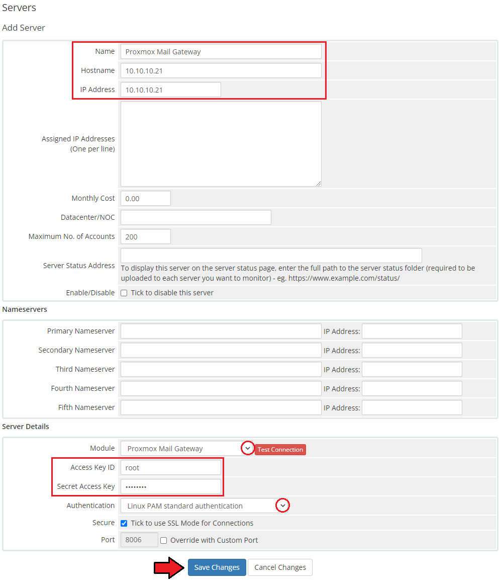 Proxmox Mail Gateway For WHMCS: WHMCS admin Add Server form with name, hostname, IP address and access key fields