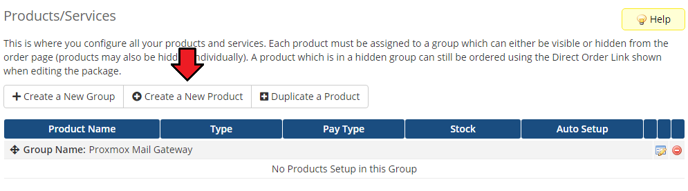 Proxmox Mail Gateway For WHMCS: WHMCS admin Products/Services page with the new group and Create a New Product button