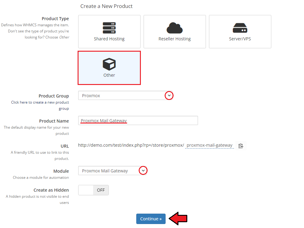 Proxmox Mail Gateway For WHMCS: WHMCS admin Create a New Product form with type, group, name and module