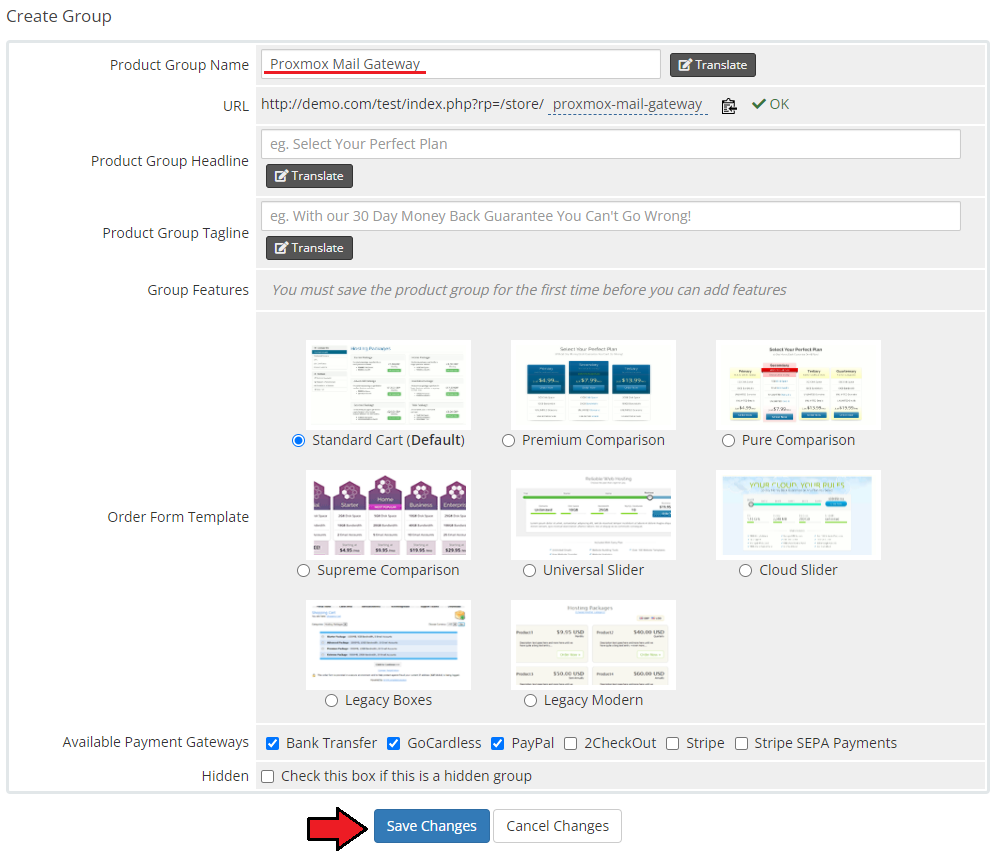Proxmox Mail Gateway For WHMCS: WHMCS admin Create Group form with the product group name field and Save Changes button