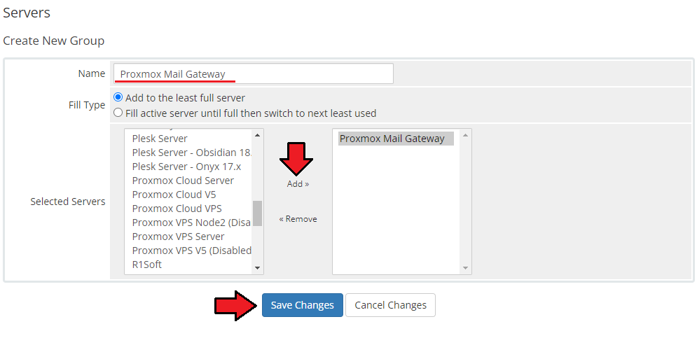 Proxmox Mail Gateway For WHMCS: WHMCS admin Create New Group form with the server added and Save Changes button