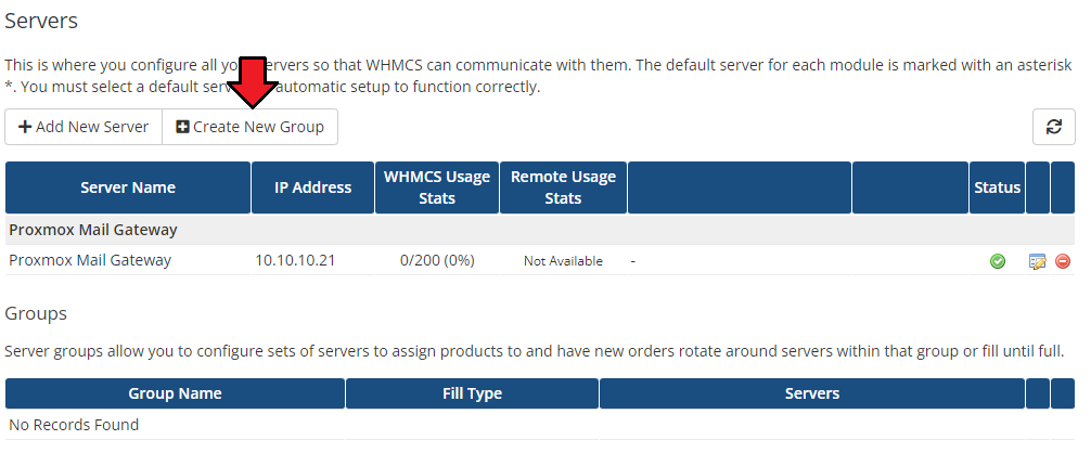 Proxmox Mail Gateway For WHMCS: WHMCS admin Servers list with the new server added and the Create New Group button