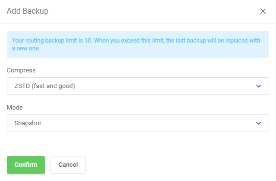 Proxmox VE Cloud VPS For WHMCS: Add Backup dialog in the client area with Compress and Mode dropdowns and the Confirm