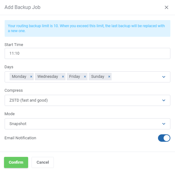 Proxmox VE Cloud VPS For WHMCS: Add Backup Job dialog with start time, days, compression, mode and email notification