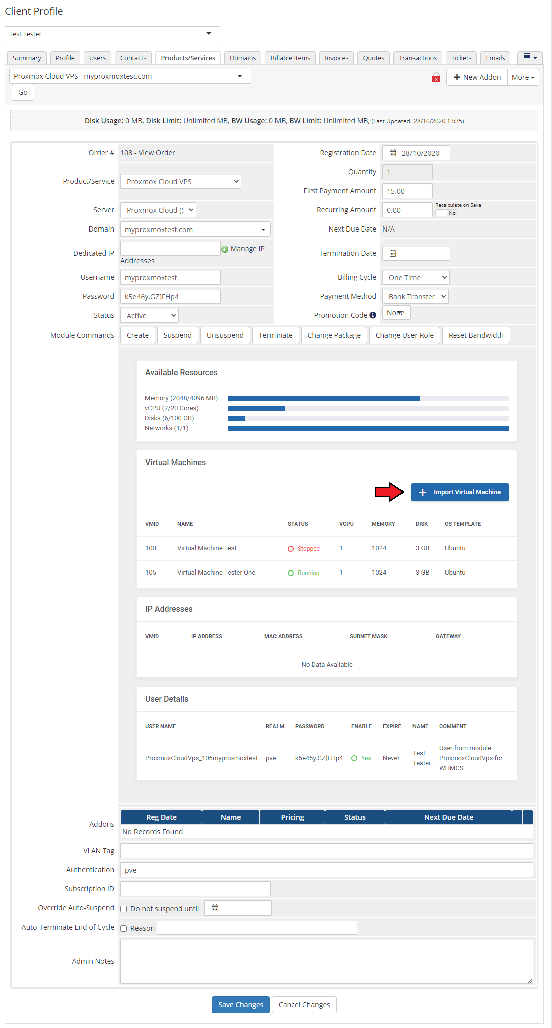 Proxmox VE Cloud VPS For WHMCS: WHMCS admin Products/Services page with the Import Virtual Machine button highlighted
