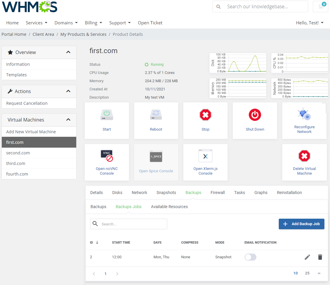 Proxmox VE Cloud VPS For WHMCS: client area Backups Jobs tab with the Add Backup Job button and a list of jobs