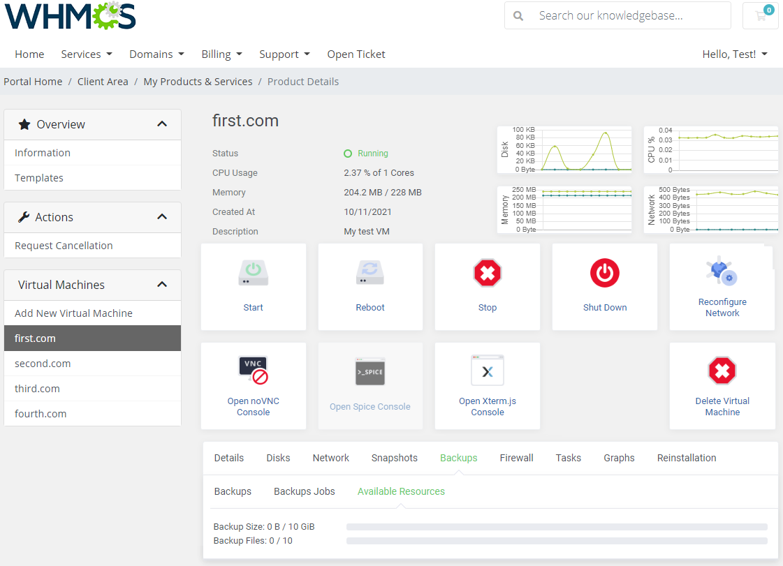 Proxmox VE Cloud VPS For WHMCS: client area Backups Available Resources tab showing backup size and backup files usage