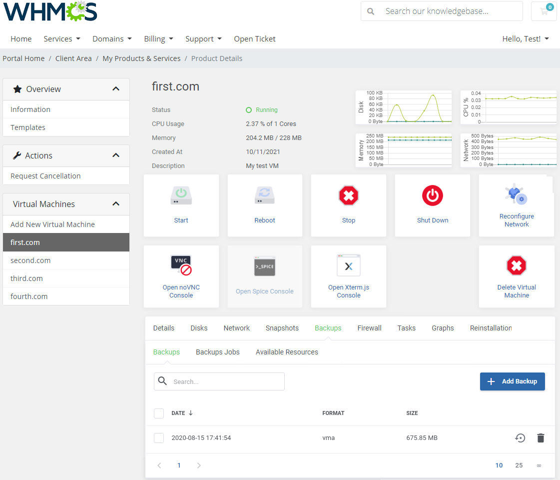 Proxmox VE Cloud VPS For WHMCS: client area Backups tab with the Backups list, Add Backup button and a restore icon