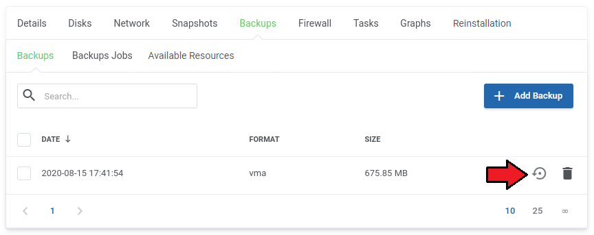 Proxmox VE Cloud VPS For WHMCS: client area Backups list with an arrow pointing to the Restore icon next to a backup
