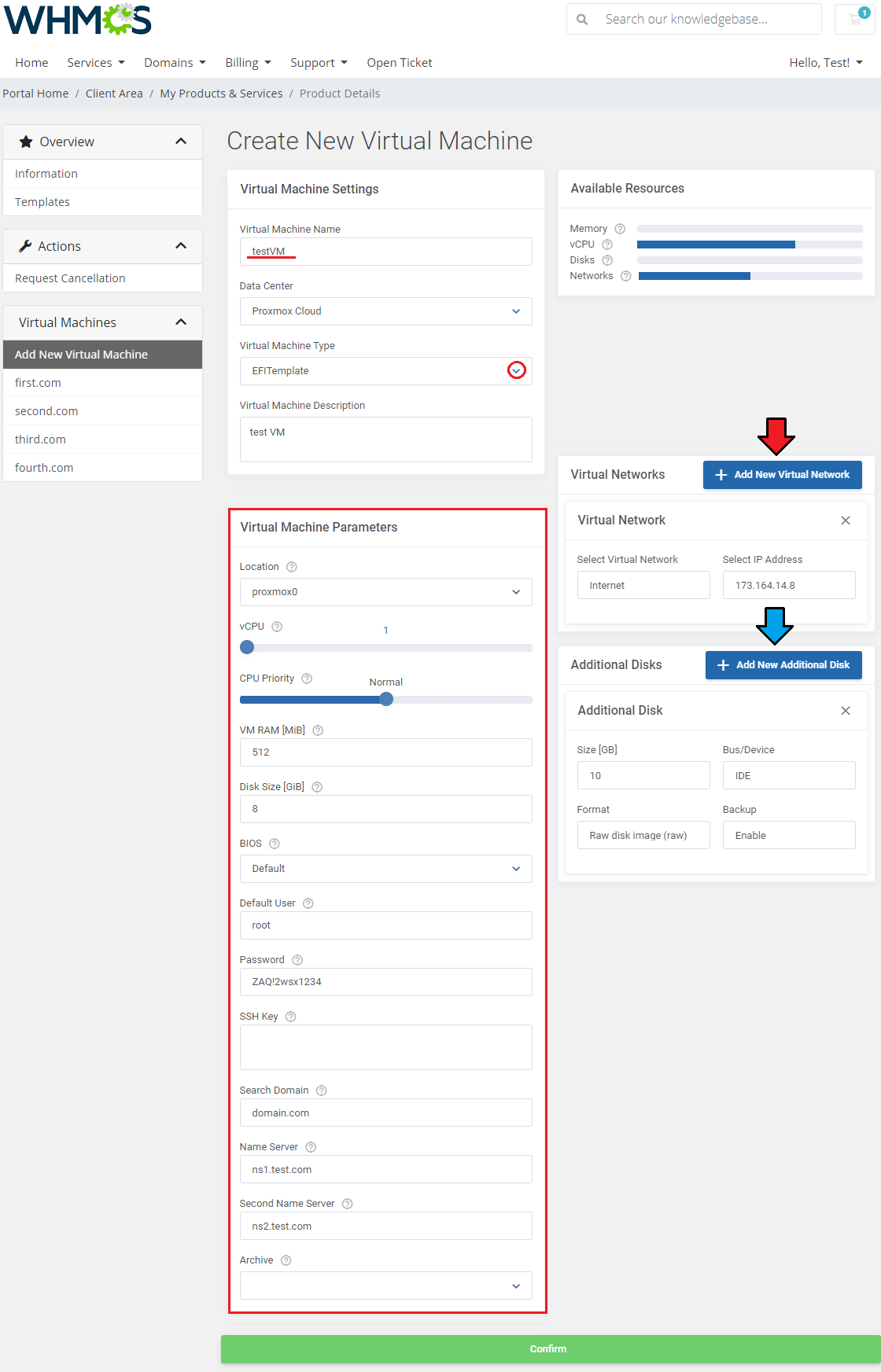 Proxmox VE Cloud VPS For WHMCS: WHMCS client area Create New Virtual Machine form with VM parameters, networks and disks