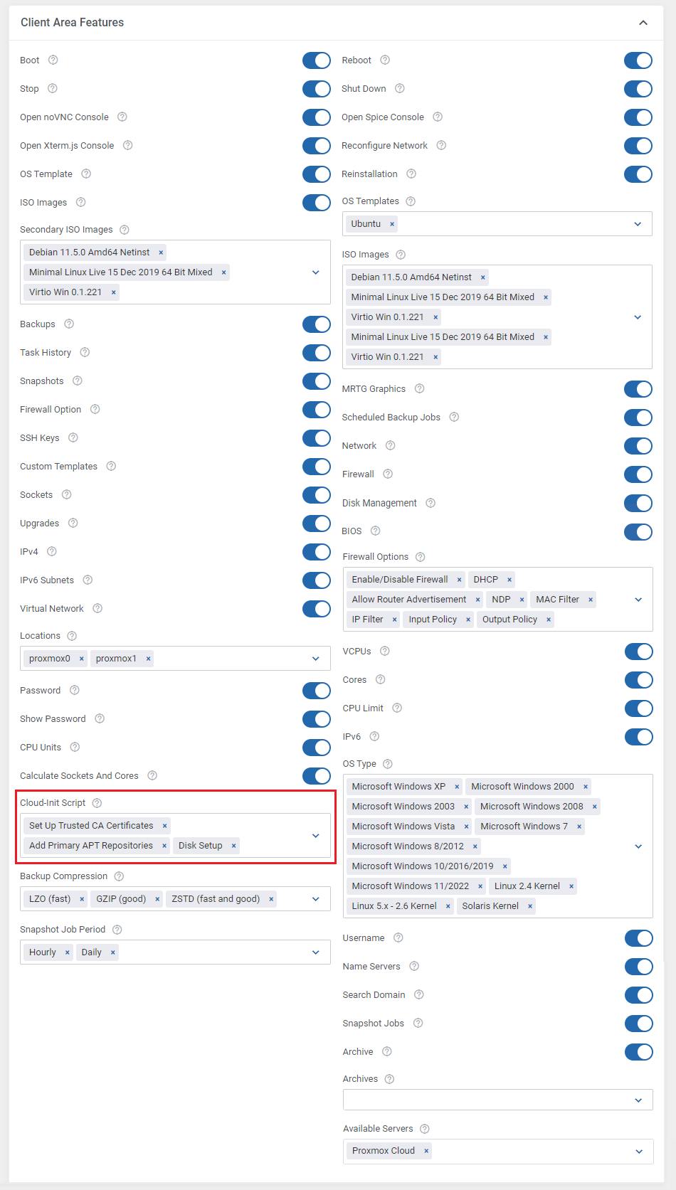 Proxmox VE Cloud VPS For WHMCS: product Client Area Features list with the Cloud-Init Script field highlighted