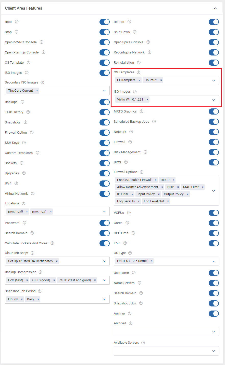 Proxmox VE Cloud VPS For WHMCS: admin Client Area Features section with the OS Templates and ISO Images fields
