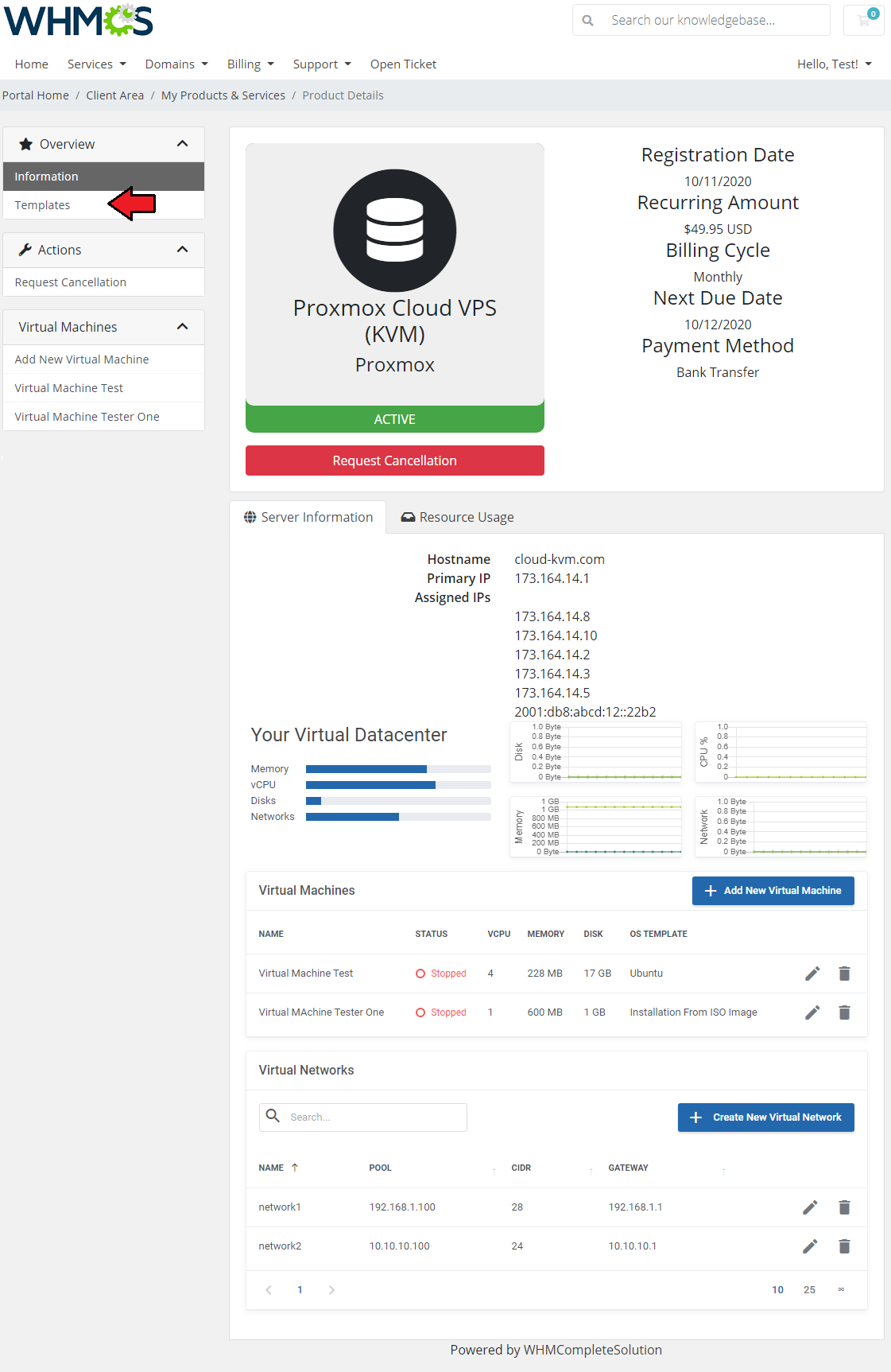 Proxmox VE Cloud VPS For WHMCS: client area product page with the Templates link in the left menu and virtual machines