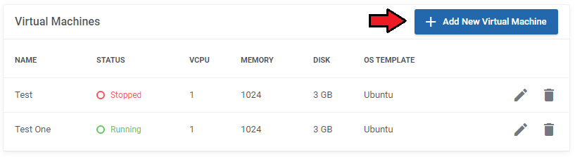 Proxmox VE Cloud VPS For WHMCS: Client area Virtual Machines list with the Add New Virtual Machine button highlighted