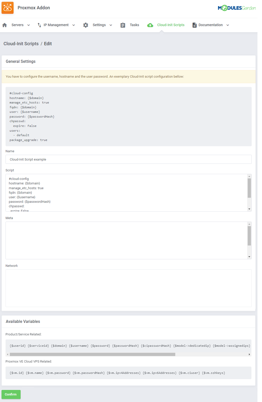 Proxmox VE Cloud VPS For WHMCS: the Cloud-Init Scripts edit form with name, script, meta, network and available