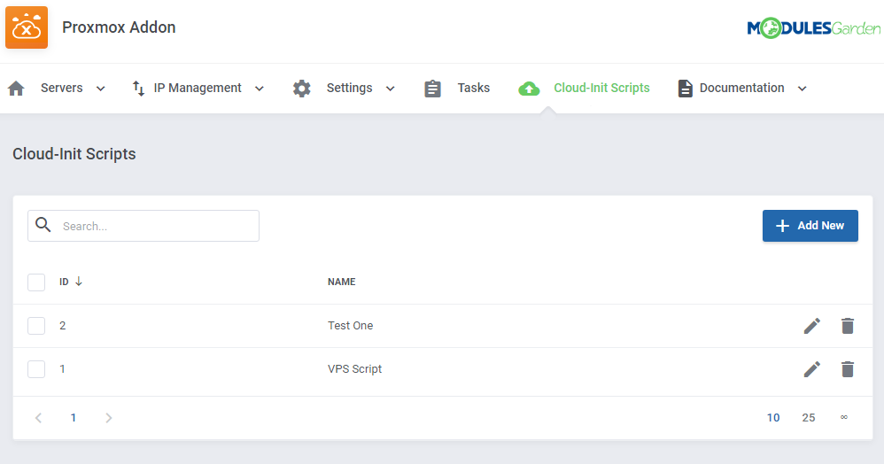 Proxmox VE Cloud VPS For WHMCS: the Proxmox Addon Cloud-Init Scripts list with the Add New button