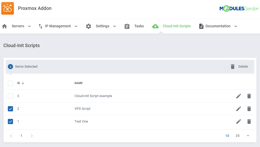 Proxmox VE Cloud VPS For WHMCS: the Cloud-Init Scripts list with two scripts selected and the Delete action