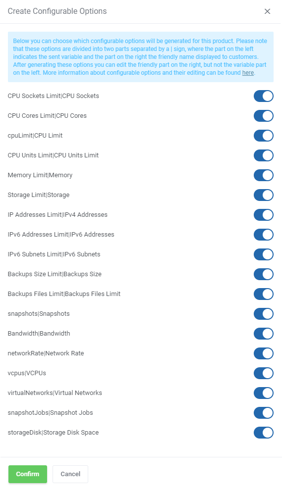 Proxmox VE Cloud VPS For WHMCS: the Create Configurable Options dialog with option switches and the Confirm button