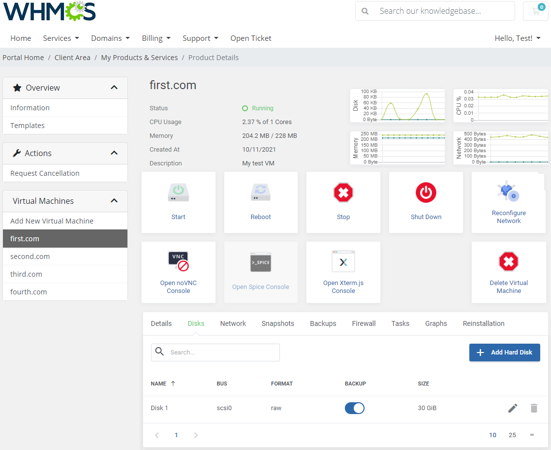 Proxmox VE Cloud VPS For WHMCS: client area Disks tab with the disk list and the Add Hard Disk button